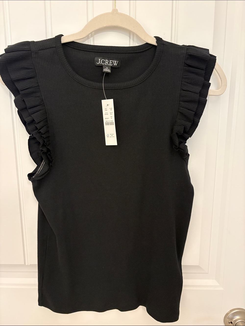 J. Crew Black Ribbed Tank with Ruffle Sleeves Size Medium